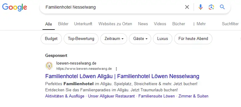 Google Werbung Beispiel 1 - Familienhotel Nesselwang